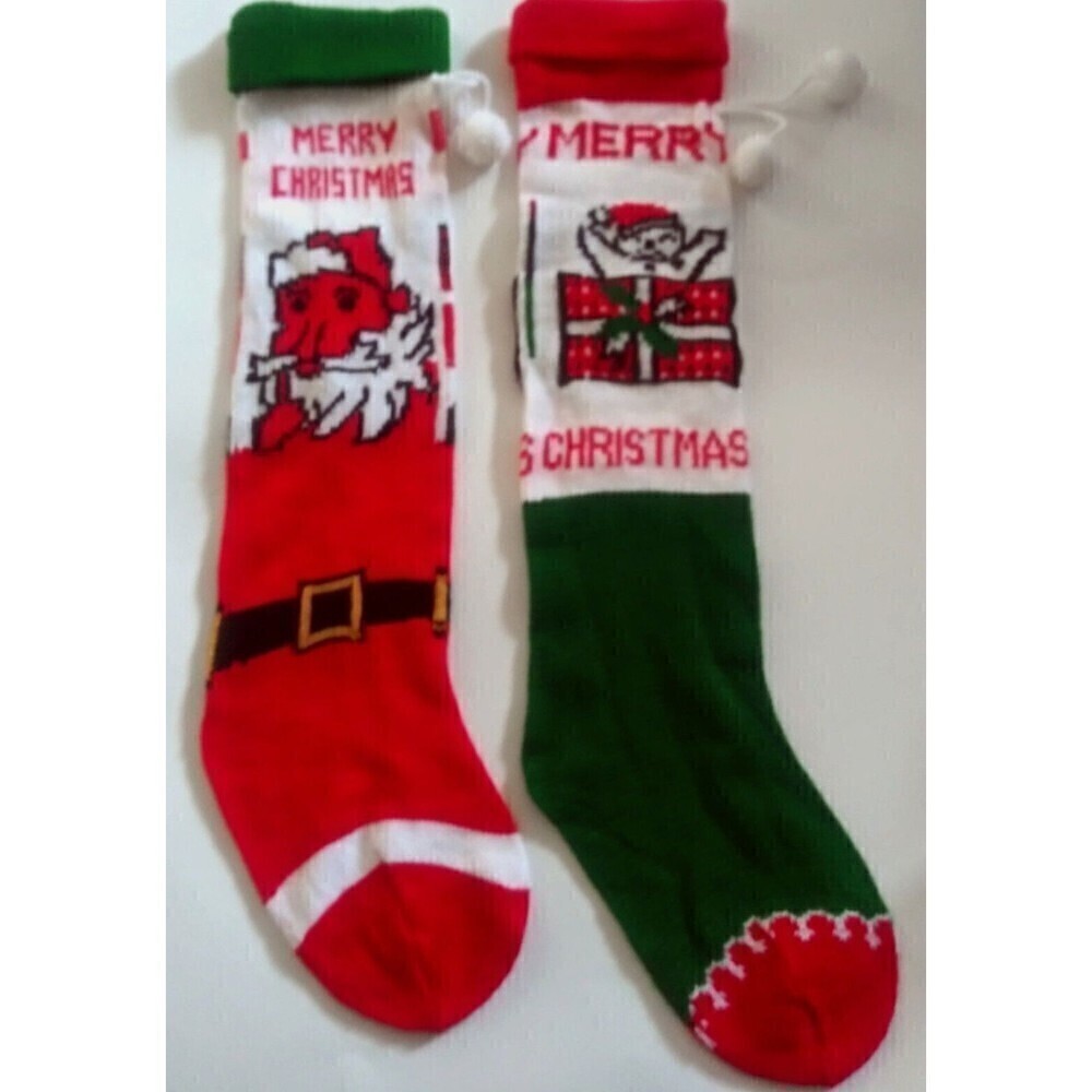 Christmas Santa Stockings Wool Hand Knitted Merry Christmas Set Of 2 Vintage